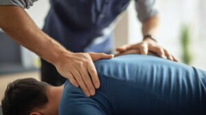 A chiropractor gently adjusting a patient's back in a clean, well-lit treatment room.